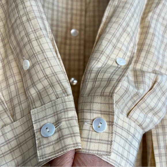 Talbots Silk Linen Button Up Shirt Plaid Gray Yellow Petite Sz 14 Office - Picture 8 of 13